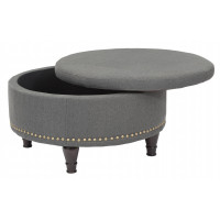 OSP Home Furnishings BP-AUOT32-K26 Augusta Round Storage Ottoman in Klein Charcoal Fabric and Antique Bronze Nailheads